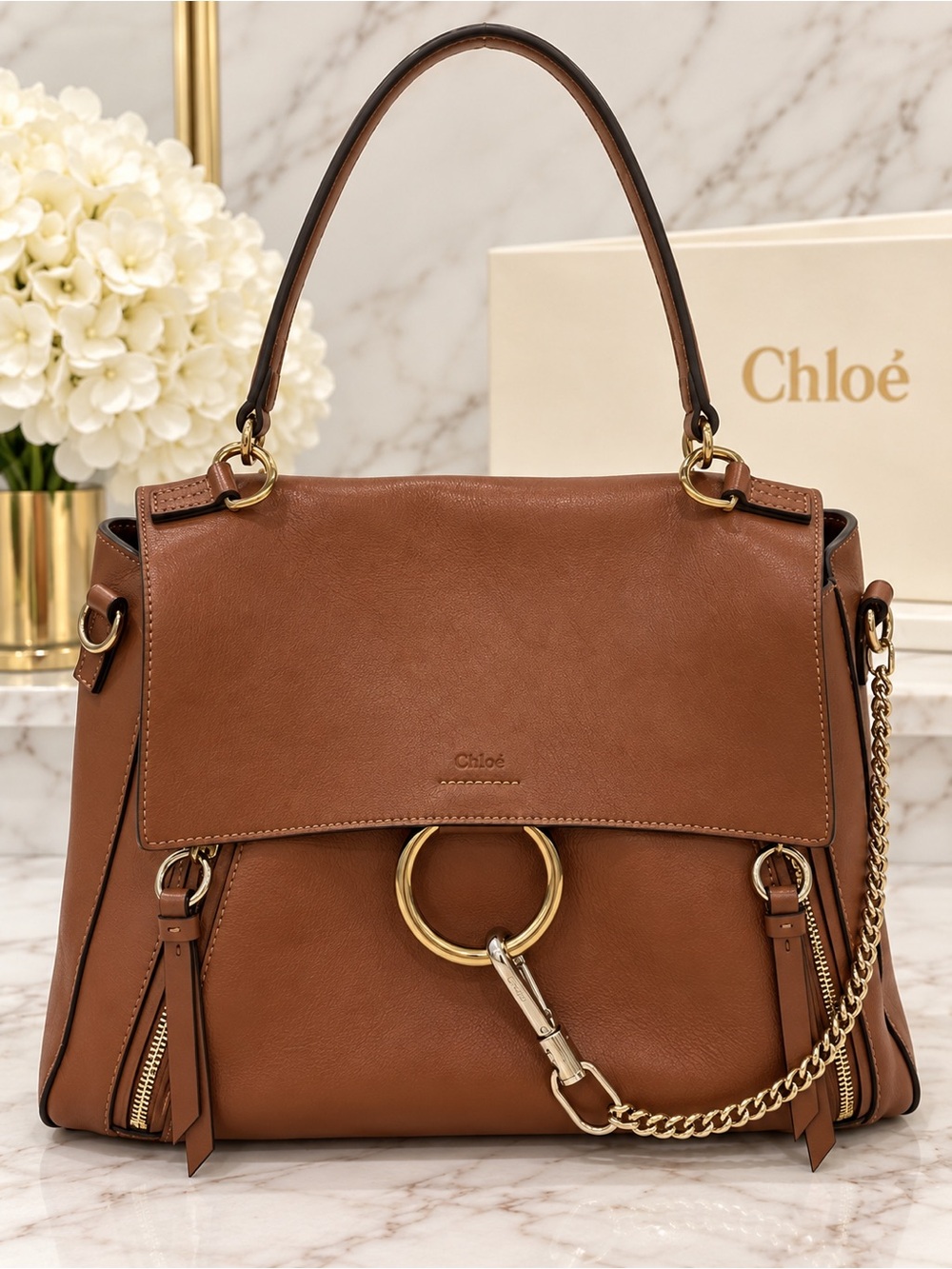 Chloé Faye Day Medium Leather Shoulder Bag – Cognac Brown